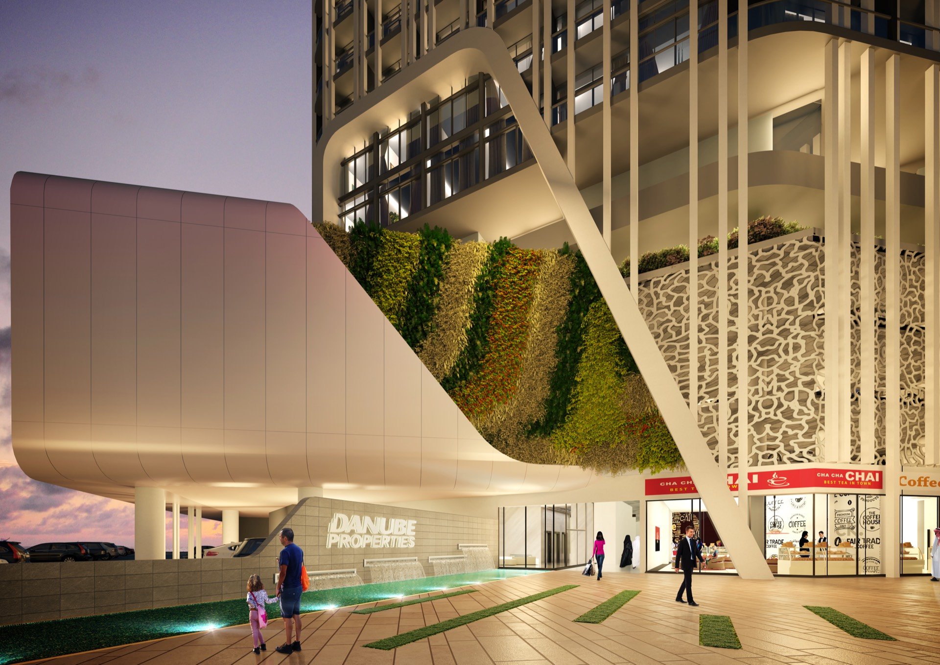 BAYZ 101 illuminated entrance at night in Business Bay Dubai - 101-story luxury residential tower with premium amenities