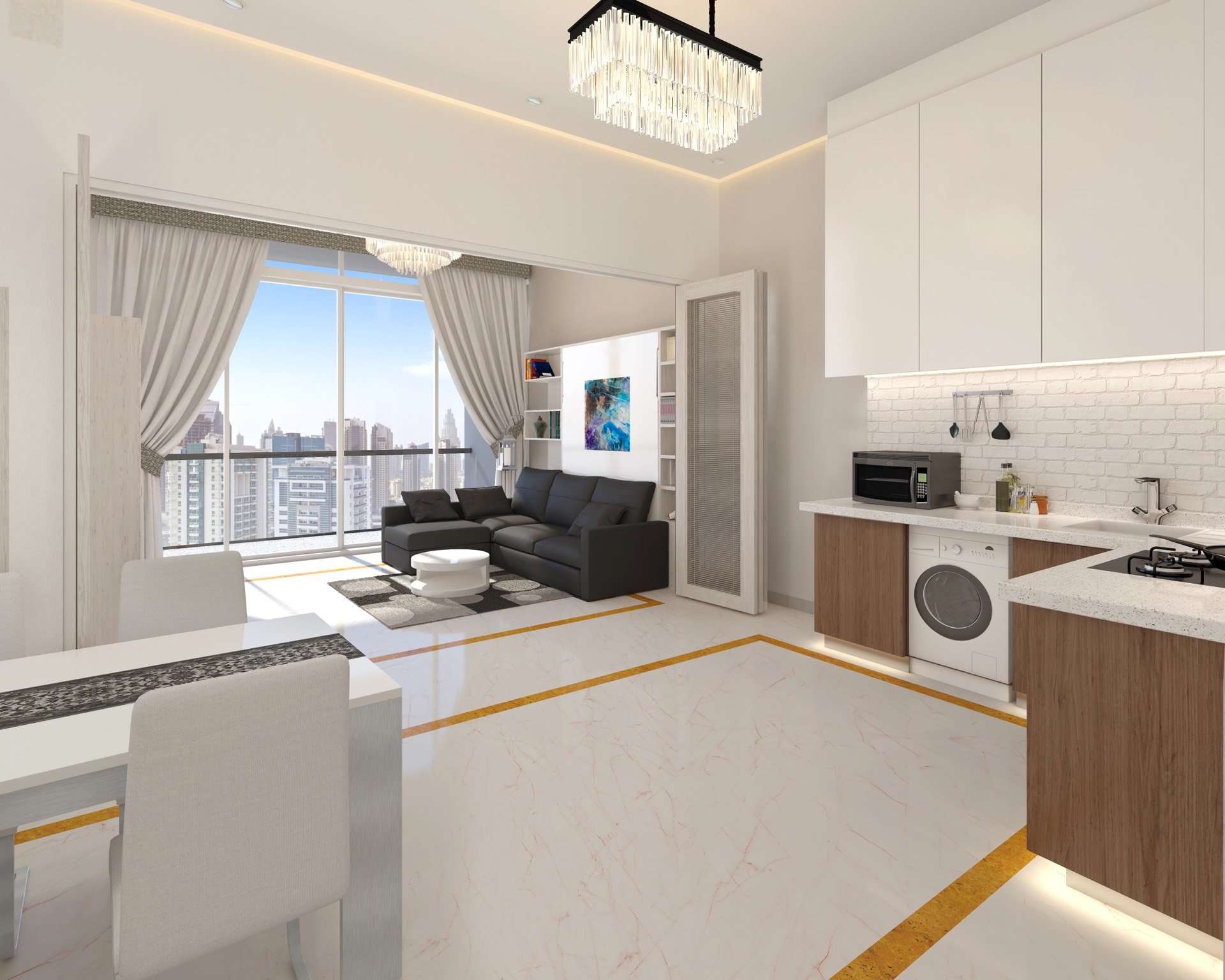 1-bedroom apartment living room in BAYZ 101 Business Bay Dubai - modern luxury interior with floor-to-ceiling windows and city views