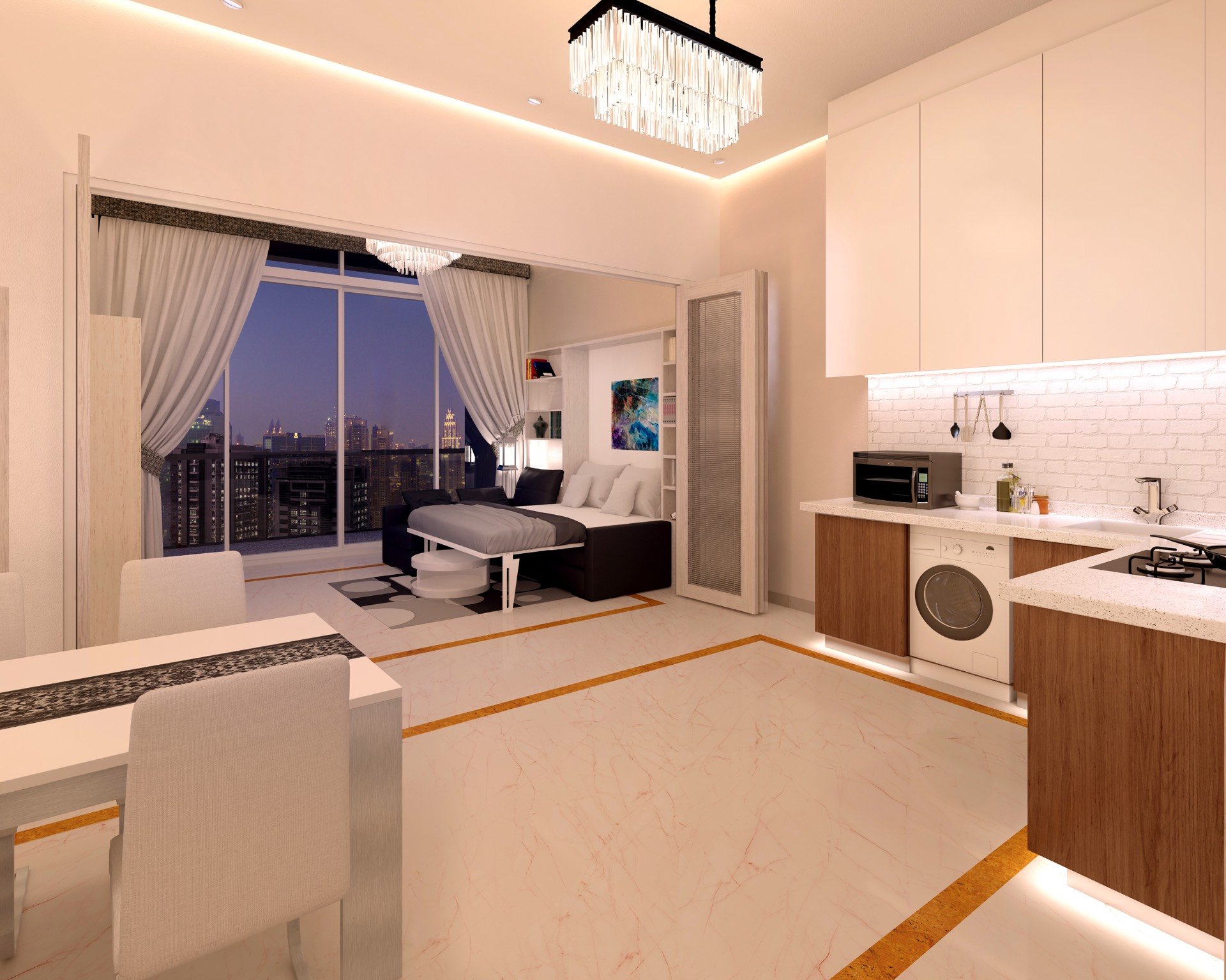 1-bedroom luxury living room at night in BAYZ 101 Dubai - premium finishes with ambient lighting and panoramic skyline views