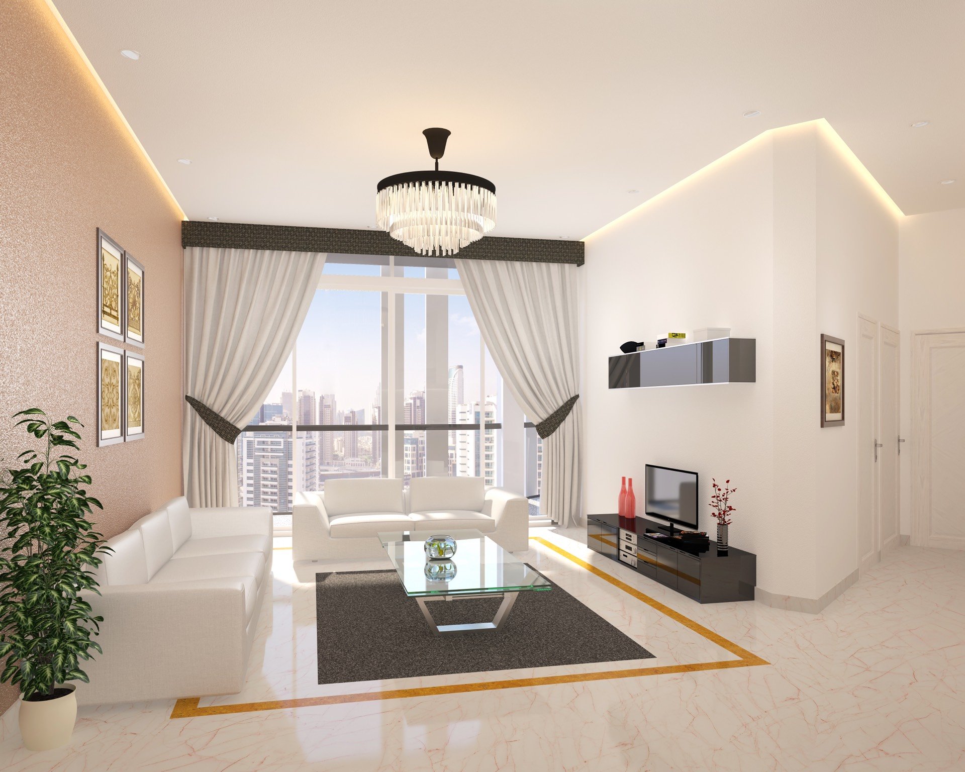 3-bedroom apartment living room in BAYZ 101 Business Bay - extra spacious luxury living area with panoramic Dubai views and high-end furnishings